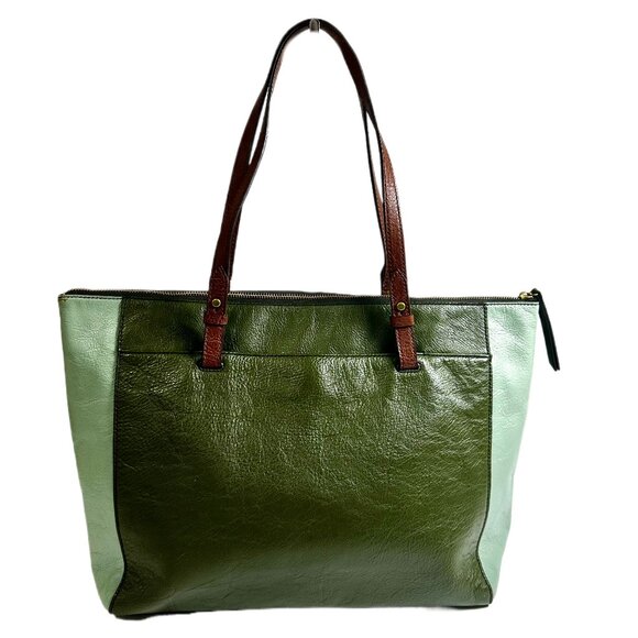 Fossil Classic Two-Tone Green Leather Tote – Genuine Leather – Pre-Owned - Picture 1 of 16